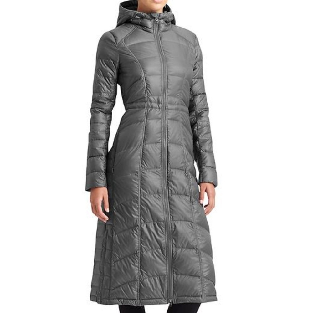 Athleta Long Hooded Puffer Coat in Gray